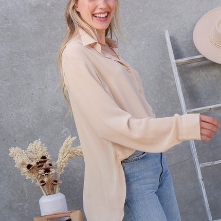 Classic Trendy Solid Long Sleeve Button Down Chiffon Blouse Shirt