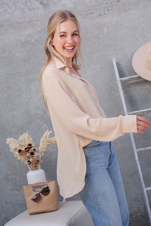 Classic Trendy Solid Long Sleeve Button Down Chiffon Blouse Shirt