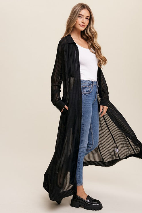 Beautiful Elegant Sheer Long Button Down Jacket Shirt Maxi Dress - Accessoriesforever