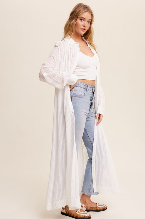 Beautiful Elegant Sheer Long Button Down Jacket Shirt Maxi Dress - Accessoriesforever