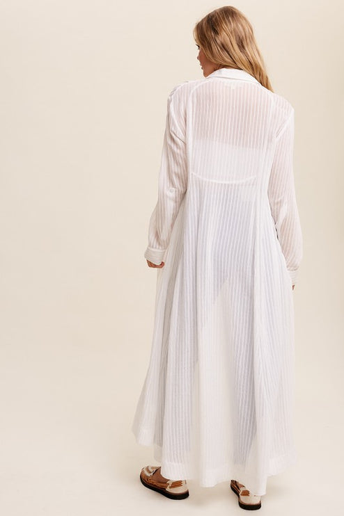 Beautiful Elegant Sheer Long Button Down Jacket Shirt Maxi Dress - Accessoriesforever