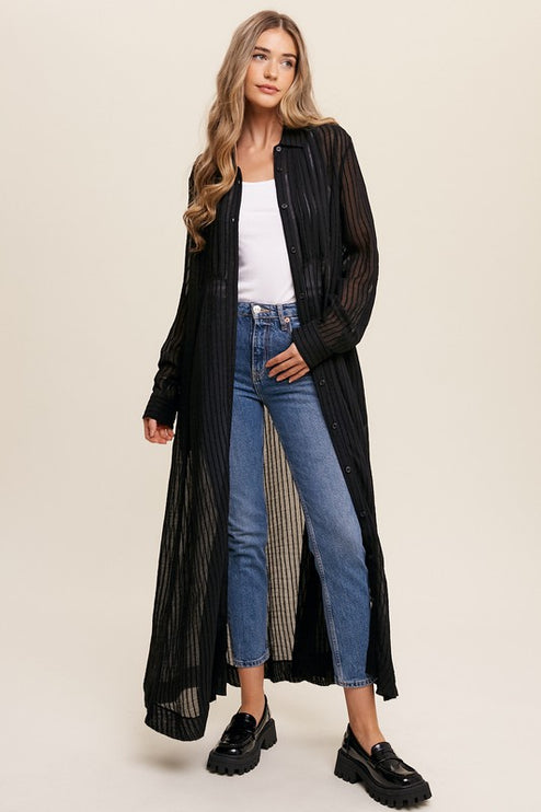 Beautiful Elegant Sheer Long Button Down Jacket Shirt Maxi Dress