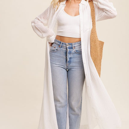 Beautiful Elegant Sheer Long Button Down Jacket Shirt Maxi Dress
