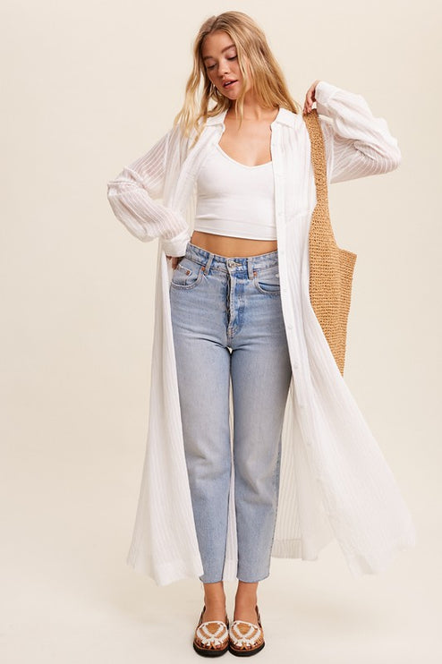 Beautiful Elegant Sheer Long Button Down Jacket Shirt Maxi Dress - Accessoriesforever