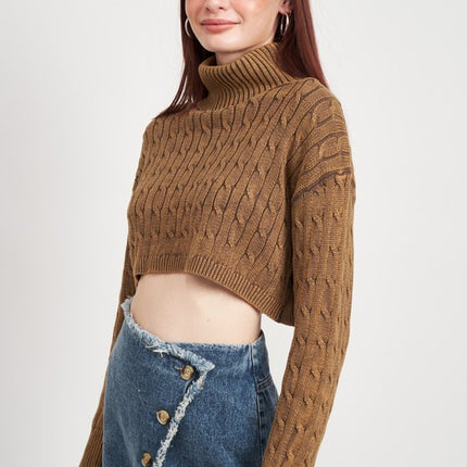 Stylish Solid Soft Turtleneck Cable Knit Crop Fashion Top Sweater - Accessoriesforever