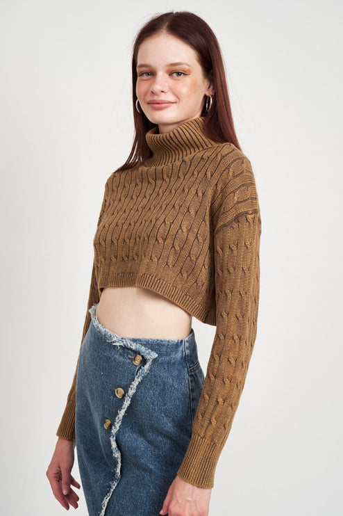 Stylish Solid Soft Turtleneck Cable Knit Crop Fashion Top Sweater