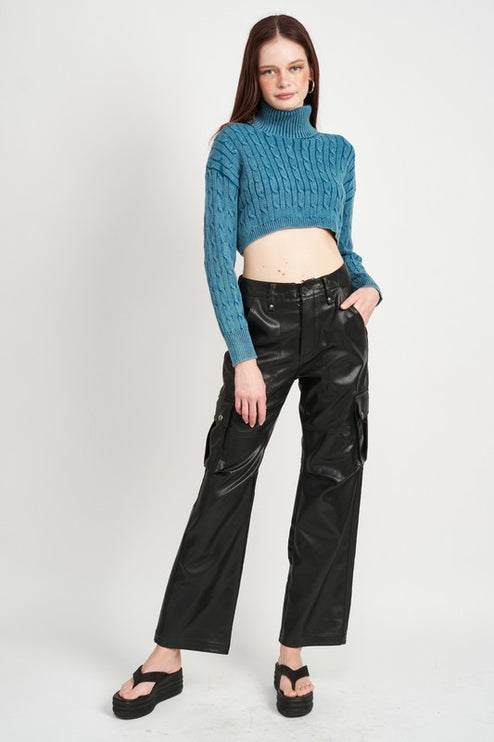 Stylish Solid Soft Turtleneck Cable Knit Crop Fashion Top Sweater - Accessoriesforever