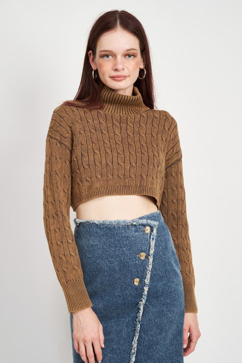 Stylish Solid Soft Turtleneck Cable Knit Crop Fashion Top Sweater