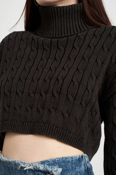 Stylish Solid Soft Turtleneck Cable Knit Crop Fashion Top Sweater