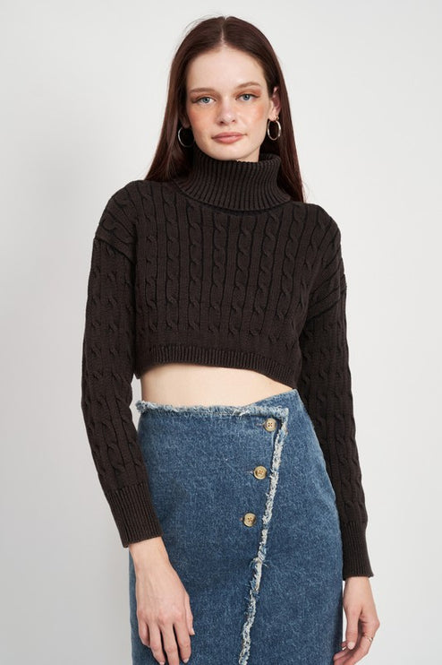 Stylish Solid Soft Turtleneck Cable Knit Crop Fashion Top Sweater