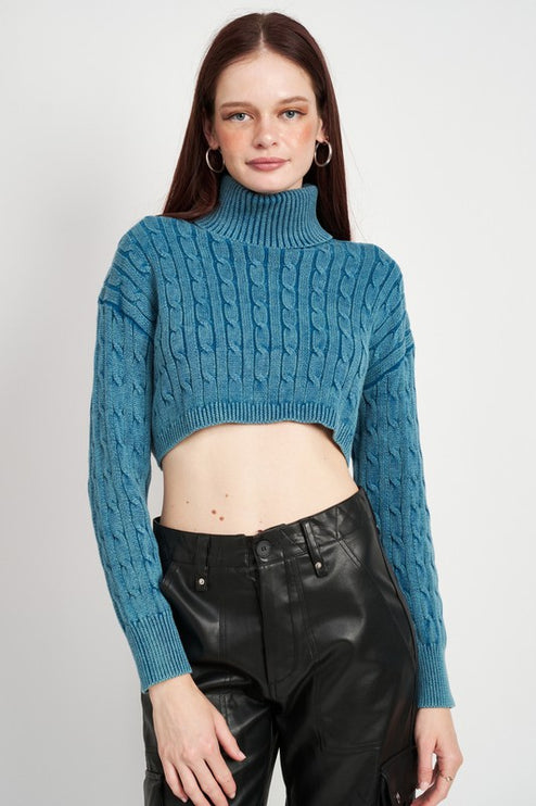 Stylish Solid Soft Turtleneck Cable Knit Crop Fashion Top Sweater