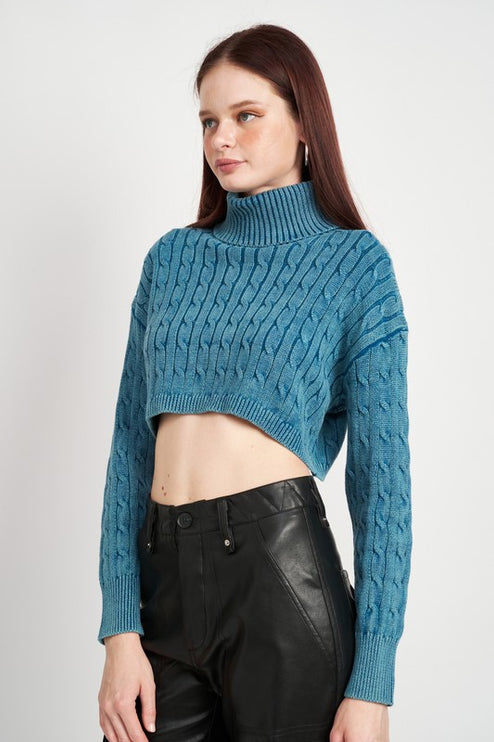 Stylish Solid Soft Turtleneck Cable Knit Crop Fashion Top Sweater