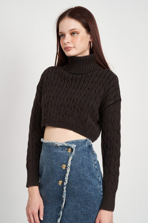 Stylish Solid Soft Turtleneck Cable Knit Crop Fashion Top Sweater