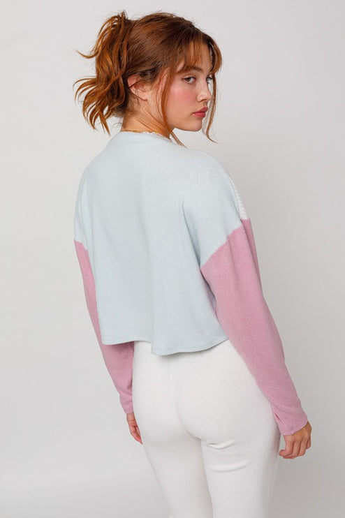 Cute Stylish Mock Neck Long Sleeve Contrast Cropped Top Sweater