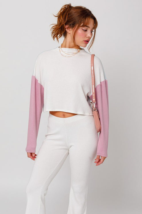 Cute Stylish Mock Neck Long Sleeve Contrast Cropped Top Sweater