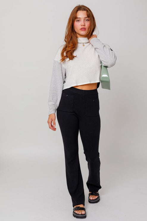 Cute Stylish Mock Neck Long Sleeve Contrast Cropped Top Sweater