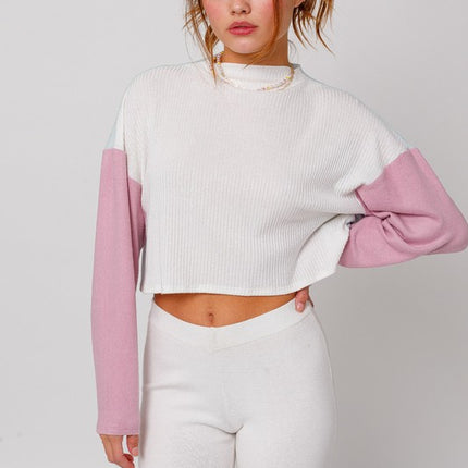 Cute Stylish Mock Neck Long Sleeve Contrast Cropped Top Sweater
