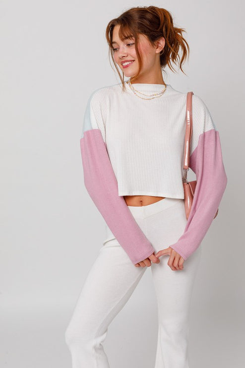 Cute Stylish Mock Neck Long Sleeve Contrast Cropped Top Sweater