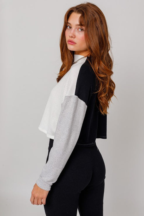 Cute Stylish Mock Neck Long Sleeve Contrast Cropped Top Sweater