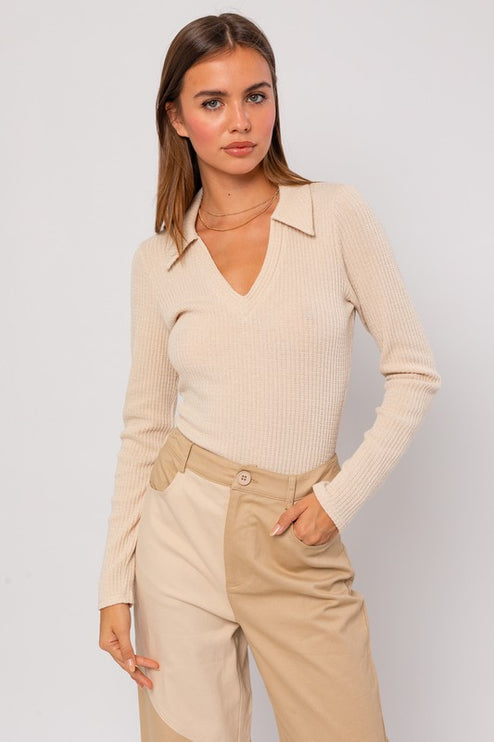 Classic Solid Versatile Long Sleeve Collared Top Bodysuit