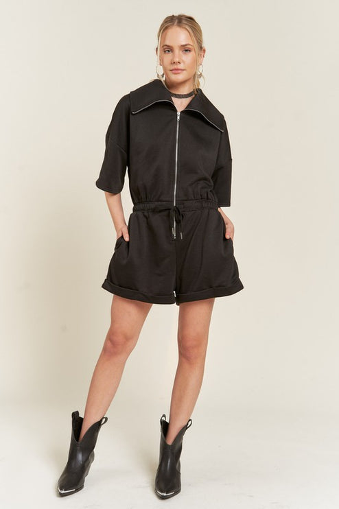 High Neck French Terry Zip Romper with Side Pockets