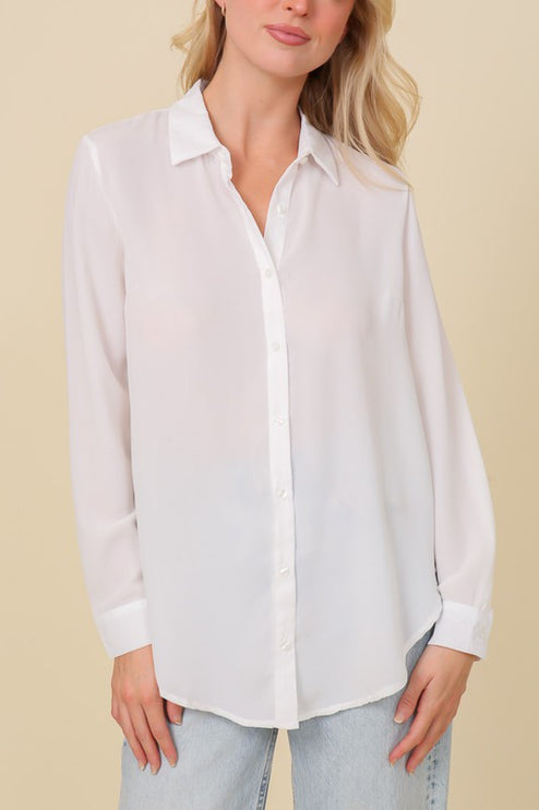 Classic Trendy Solid Long Sleeve Button Down Chiffon Blouse Shirt