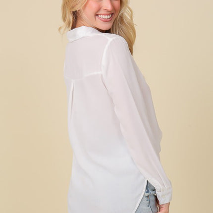 Classic Trendy Solid Long Sleeve Button Down Chiffon Blouse Shirt