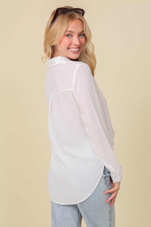 Classic Trendy Solid Long Sleeve Button Down Chiffon Blouse Shirt