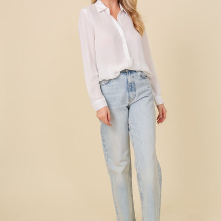 Classic Trendy Solid Long Sleeve Button Down Chiffon Blouse Shirt