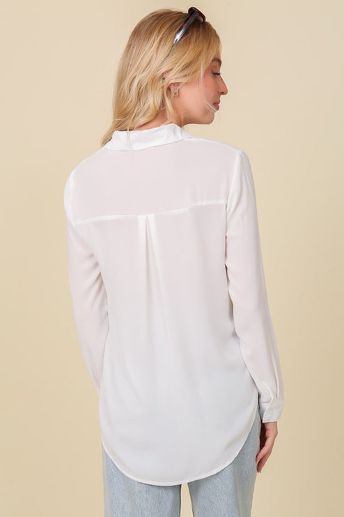 Classic Trendy Solid Long Sleeve Button Down Chiffon Blouse Shirt