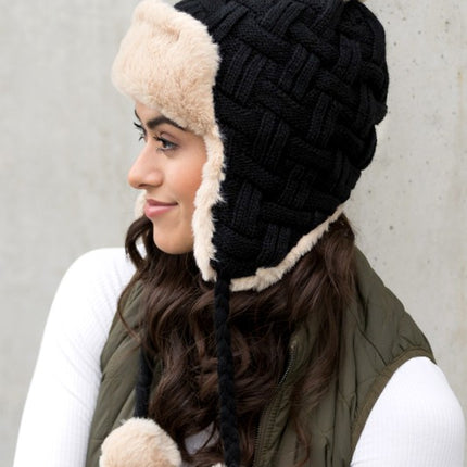 Cozy Warm Knitted Cable Weave Pom Fashion Trapper Hat - Accessoriesforever