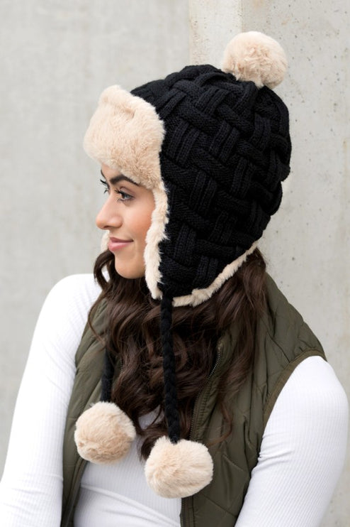 Cozy Warm Knitted Cable Weave Pom Fashion Trapper Hat - Accessoriesforever