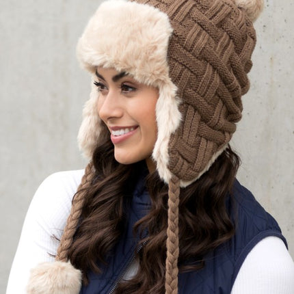 Cozy Warm Knitted Cable Weave Pom Fashion Trapper Hat - Accessoriesforever