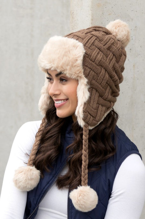 Cozy Warm Knitted Cable Weave Pom Fashion Trapper Hat - Accessoriesforever