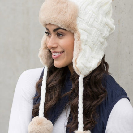 Cozy Warm Knitted Cable Weave Pom Fashion Trapper Hat - Accessoriesforever