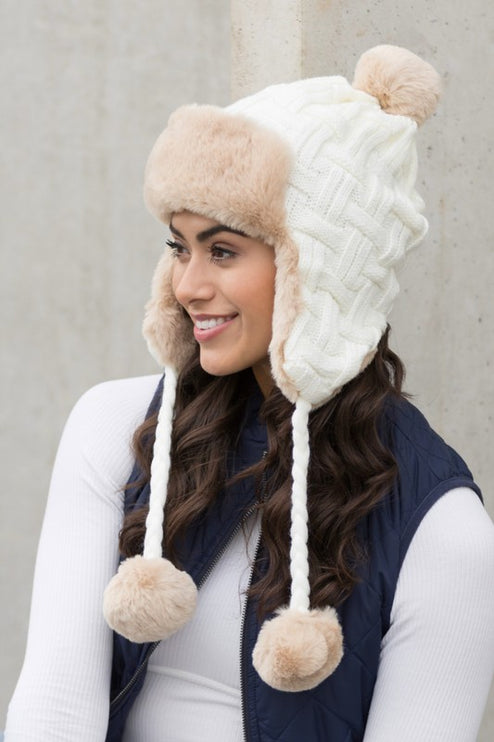 Cozy Warm Knitted Cable Weave Pom Fashion Trapper Hat - Accessoriesforever