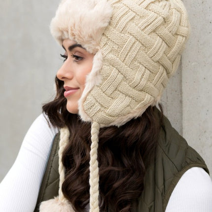 Cozy Warm Knitted Cable Weave Pom Fashion Trapper Hat - Accessoriesforever