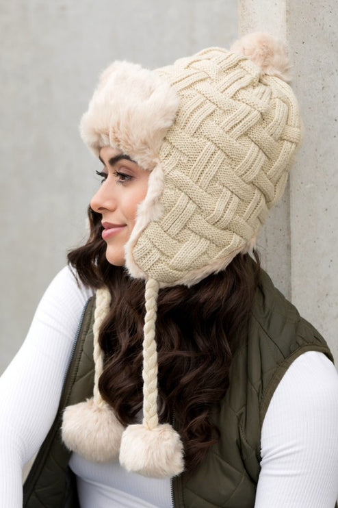 Cozy Warm Knitted Cable Weave Pom Fashion Trapper Hat - Accessoriesforever
