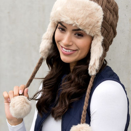 Cozy Warm Knitted Cable Weave Pom Fashion Trapper Hat - Accessoriesforever