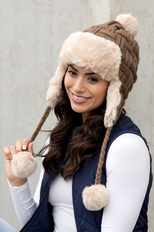 Cozy Warm Knitted Cable Weave Pom Fashion Trapper Hat - Accessoriesforever
