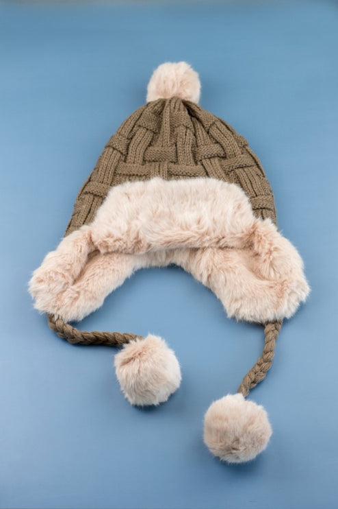 Cozy Warm Knitted Cable Weave Pom Fashion Trapper Hat - Accessoriesforever
