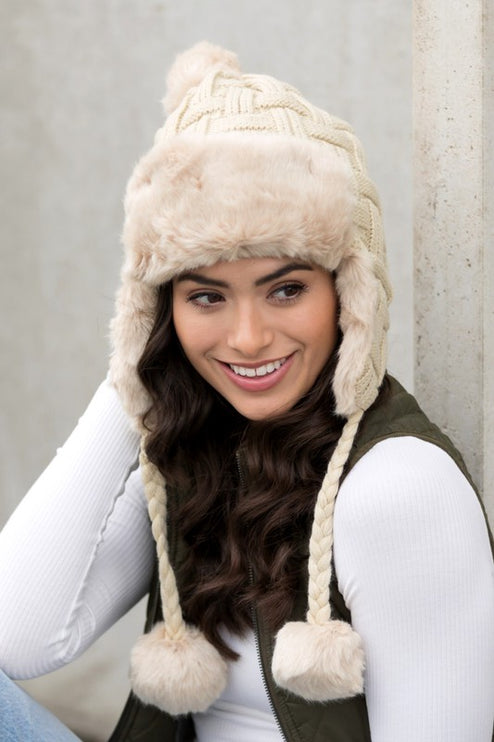Cozy Warm Knitted Cable Weave Pom Fashion Trapper Hat - Accessoriesforever