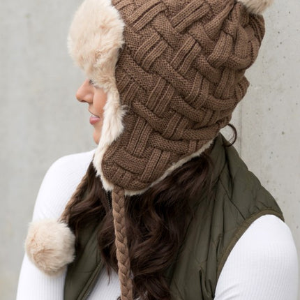 Cozy Warm Knitted Cable Weave Pom Fashion Trapper Hat - Accessoriesforever