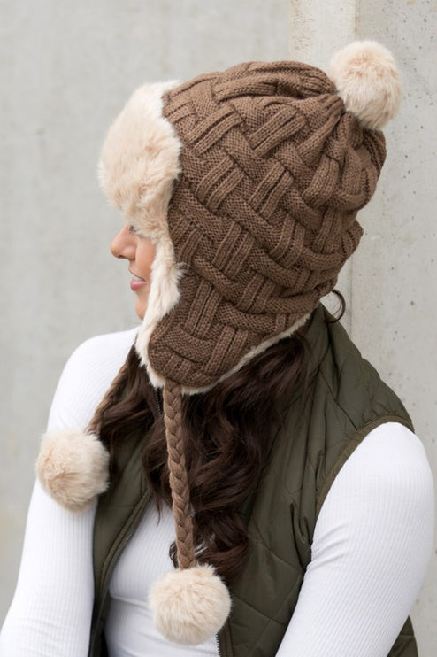 Cozy Warm Knitted Cable Weave Pom Fashion Trapper Hat - Accessoriesforever