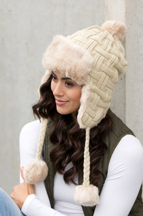 Cozy Warm Knitted Cable Weave Pom Fashion Trapper Hat - Accessoriesforever