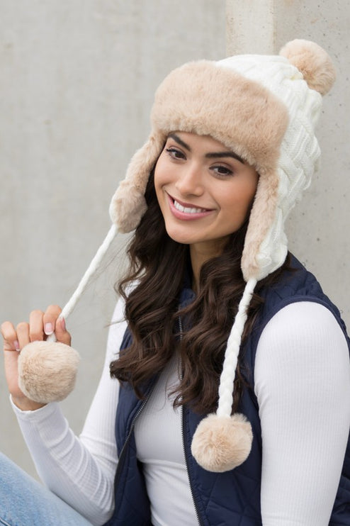 Cozy Warm Knitted Cable Weave Pom Fashion Trapper Hat - Accessoriesforever