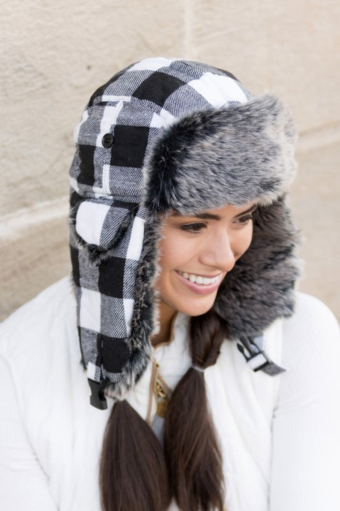 Cozy Warm Buffalo Plaid Plush Fashion Trapper Hat