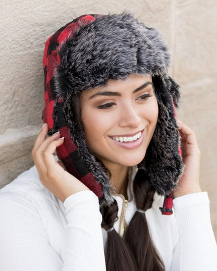 Cozy Warm Buffalo Plaid Plush Fashion Trapper Hat