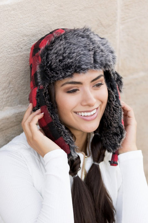 Cozy Warm Buffalo Plaid Plush Fashion Trapper Hat - Accessoriesforever