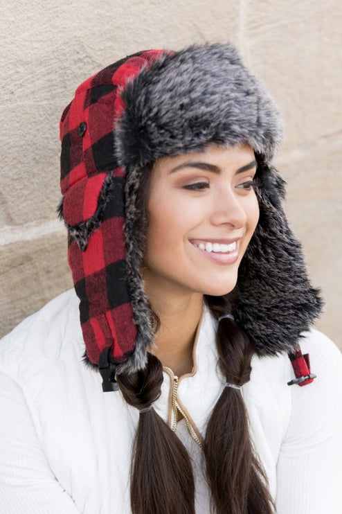 Cozy Warm Buffalo Plaid Plush Fashion Trapper Hat - Accessoriesforever